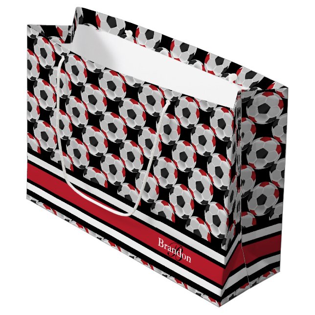 Personalize Dark Red and Black Soccer Balls Large Gift Bag (Front Angled)