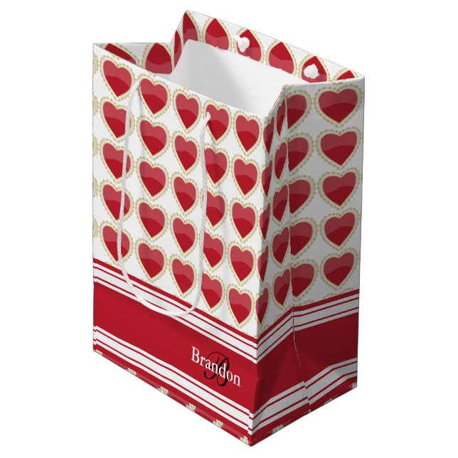 Personalize Dark Red Valentine Hearts Medium Gift Bag (Front Angled)