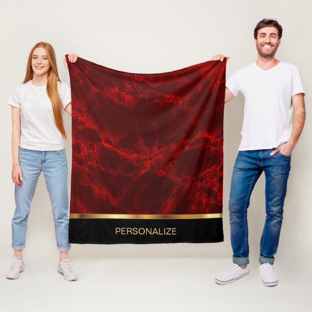 Personalize Deep Red Marble and Gold Fleece Blanket (In Situ)
