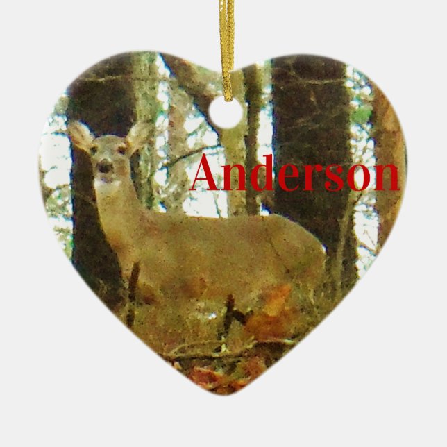 personalize: Deer in the Misty Pines Ceramic Ornament (Front)