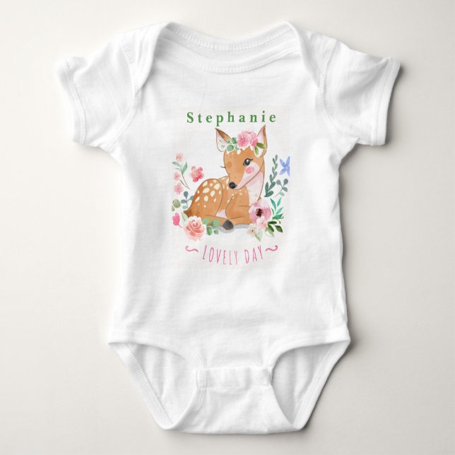 Personalize Deers Lovely Day Outside Among Flowers Baby Bodysuit (Front)