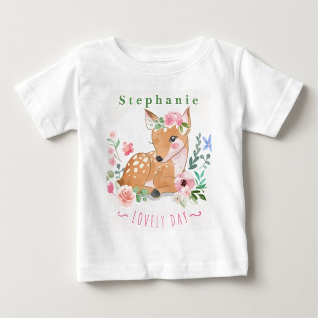 Personalize Deers Lovely Day Outside Among Flowers Baby T-Shirt (Front)