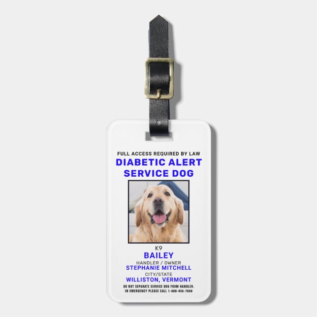 Personalize Diabetic Alert Service Dog Photo Badge Luggage Tag (Front Vertical)