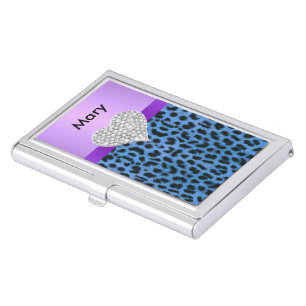 Personalize Diamond Heart Blue Leopard Card Holder