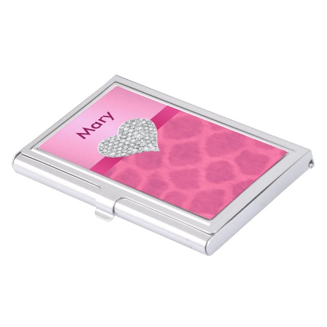Personalize Diamond Heart Pink Giraffe Card Holder (Front)