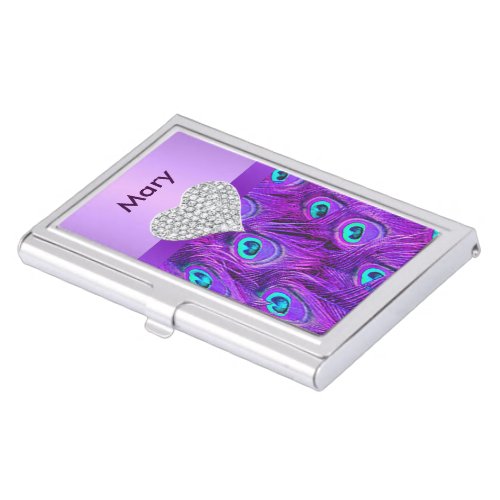 Personalize Diamond Heart Purple Peacock Card Case