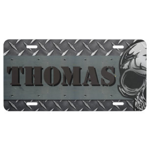 Personalize Diamond Plated Texture With Skull Head License Plate