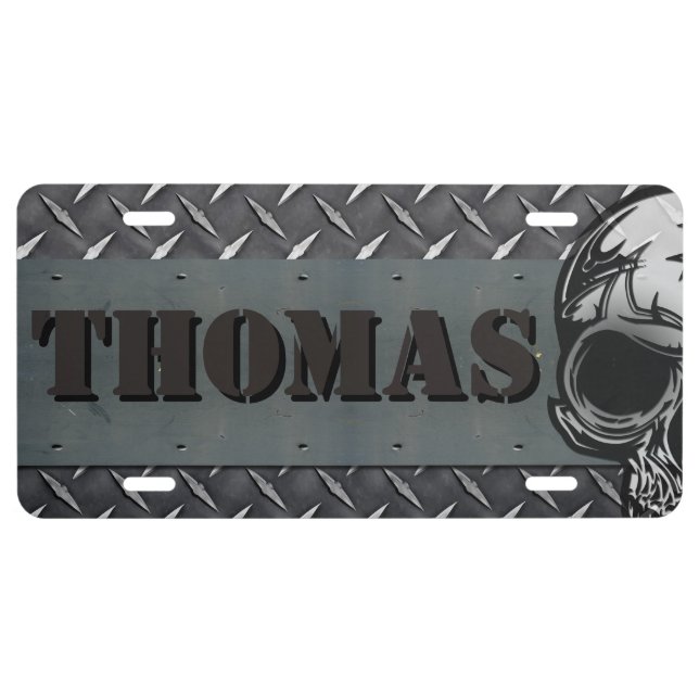 Personalize Diamond Plated Texture With Skull Head License Plate (Front)