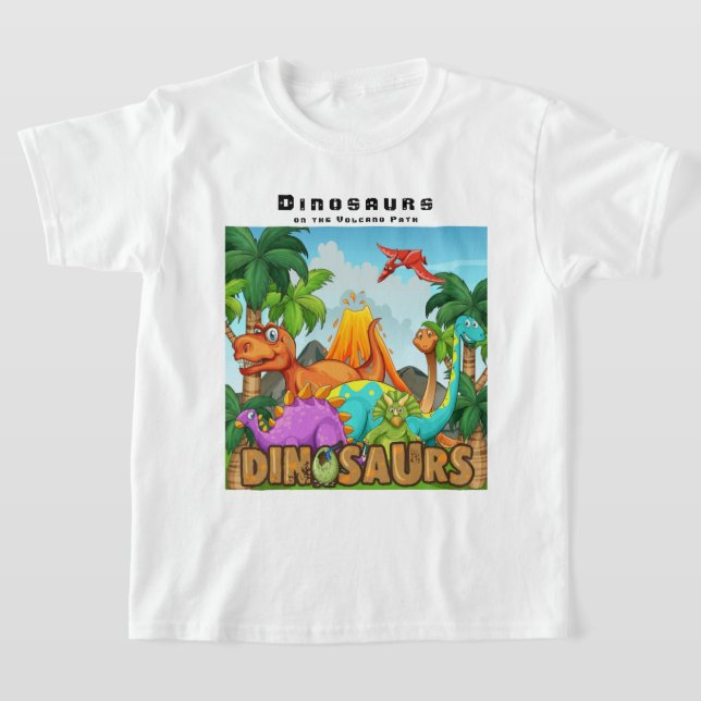 Personalize Dinosaurs on the Volcano Path T-Shirt (Laydown)