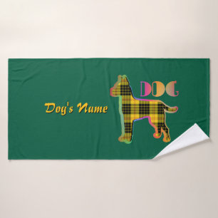 Personalize DOG Rainbow Yellow Plaid Green Doggie Bath Towel