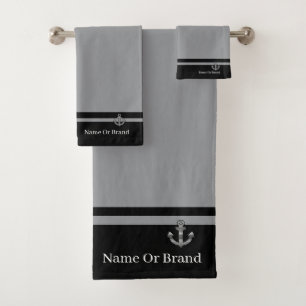 Personalize Double Band Black Gray Anchor Bath Towel Set