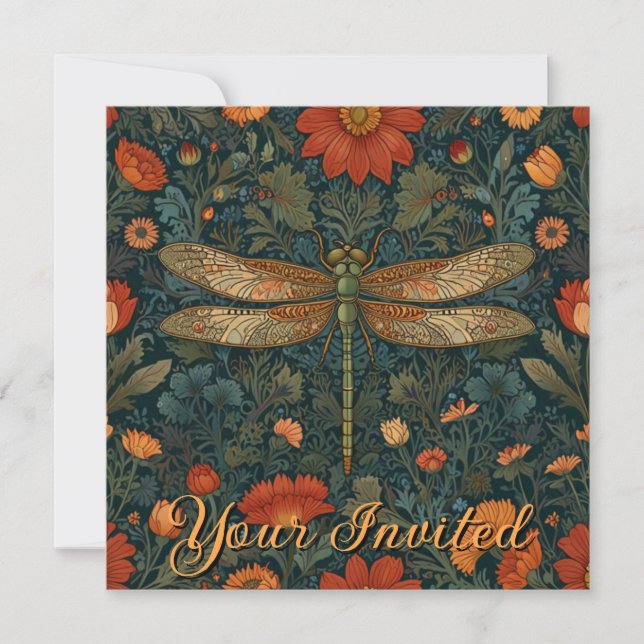 Personalize dragonfly orange floral boho chic invitation (Front)