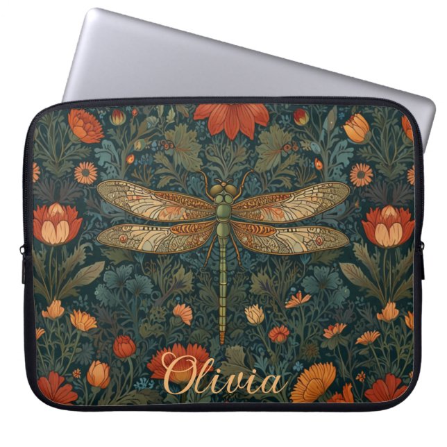 Personalize dragonfly orange floral boho chic laptop sleeve (Front)