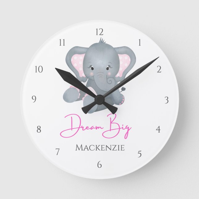 Personalize Dream Big Pink Gray Elephant Baby Girl Round Clock (Front)