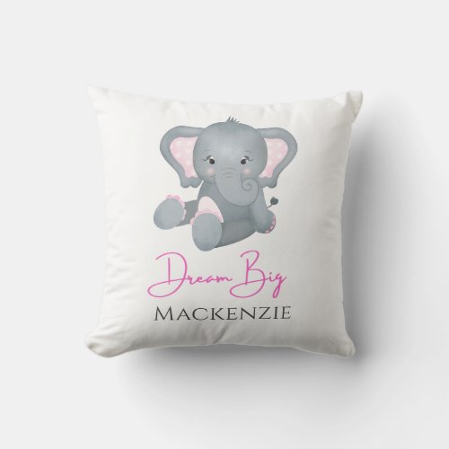 Personalize Dream Big Pink Gray Elephant Baby Girl Throw Pillow