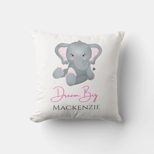 Personalize Dream Big Pink Gray Elephant Baby Girl Throw Pillow (Front)
