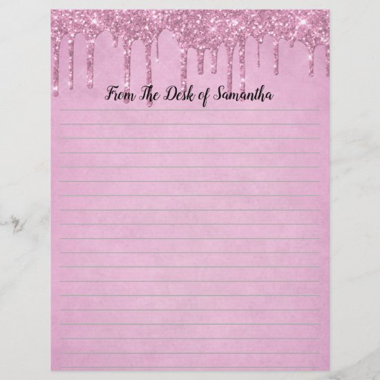 Personalize Dripping Glitter Pink Lined  Letterhead