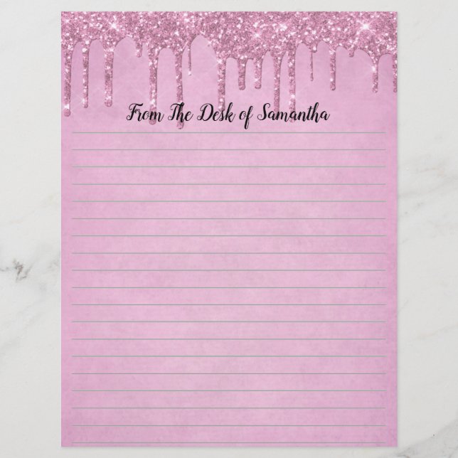 Personalize Dripping Glitter Pink Lined  Letterhead (Front)
