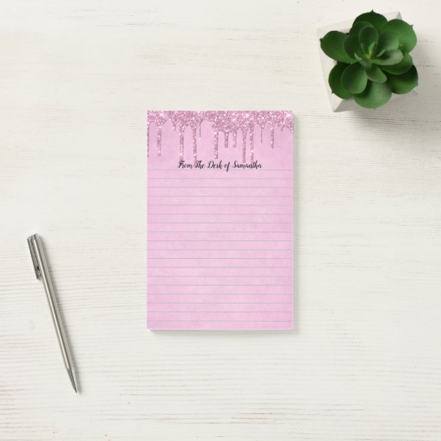 Personalize Dripping Glitter Pink Lined  Post-it Notes (Office)