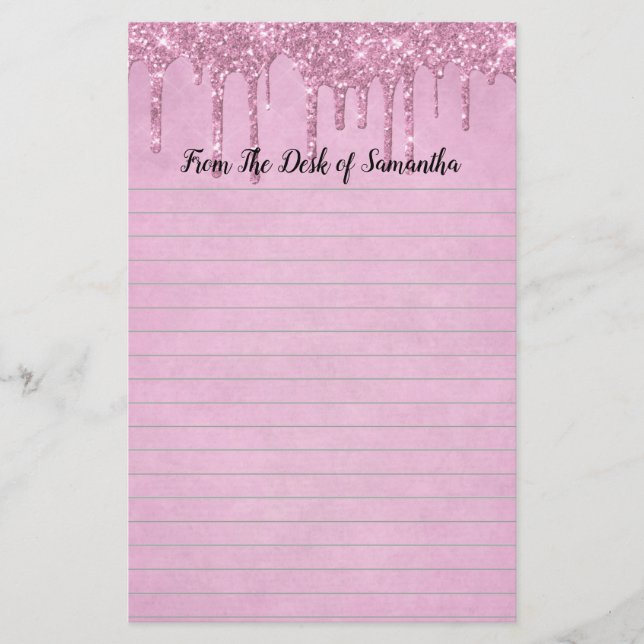 Personalize Dripping Glitter Pink Lined  Stationery (Front)