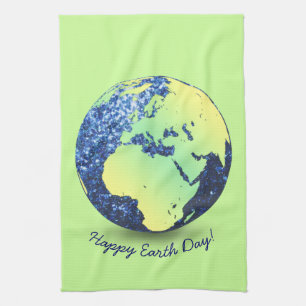 Personalize Earth Day blue sparkles Globe Kitchen Towel