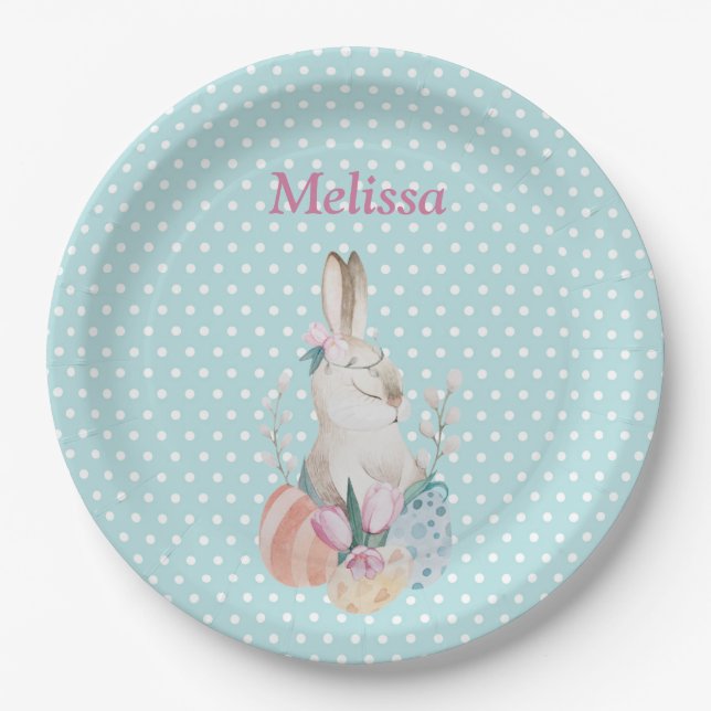 Personalize Easter Bunny Blue Dots Paper Plate (Front)