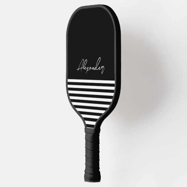 Personalize Elegant Black and white Stripe Pattern Pickleball Paddle (Left)