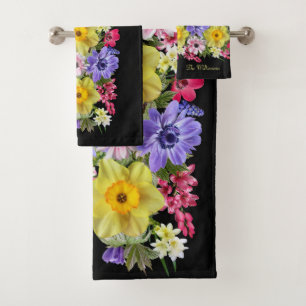 Personalize Elegant Black Floral Anemone Hyacinth Bath Towel Set