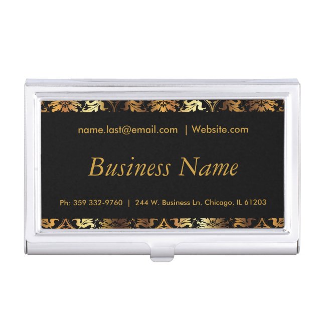 Personalize - Elegant Black & Gold Damask Business Card Holder (Front)
