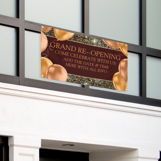 Personalize Elegant Grand Re-Opening Gold Balloons Banner (Outside Building)
