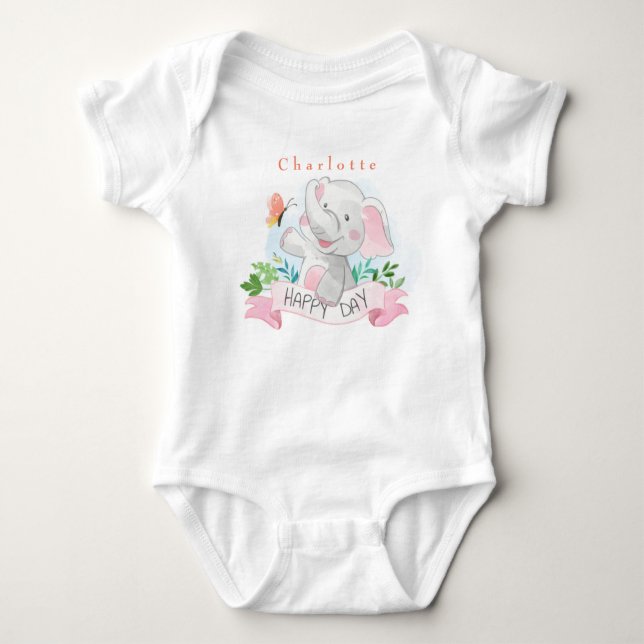 Personalize Elephant Plays Outdoor with Butterfly  Baby Bodysuit (Front)