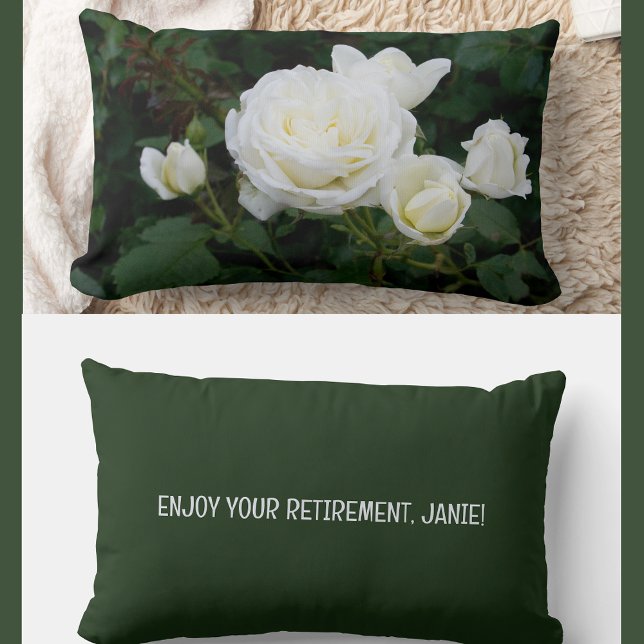 Personalize Enjoy Retirement Coworker Friend Roses Lumbar Pillow (Modern, elegant Enjoy Your Retirement personalized name accent pillow. Photo of cream white roses )