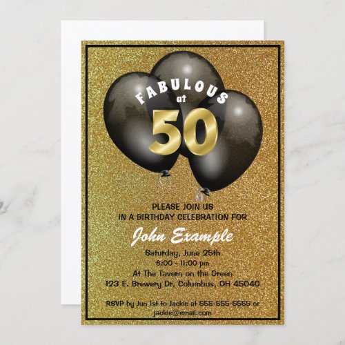 Personalize Fabulous at Fifty black balloons gold Invitation