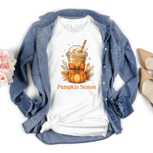 Personalize Fall Autumn Pumpkin Iced Coffee Latte  T-Shirt (Pumpkin Spice Latte Fall Autumn Personalized T-shirt Orange Coquette Bow)