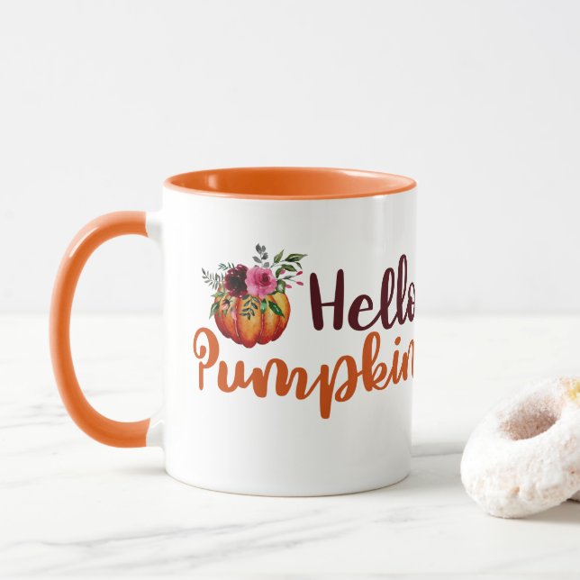 Personalize Fall Orange Hello Pumpkin Mug (With Donut)