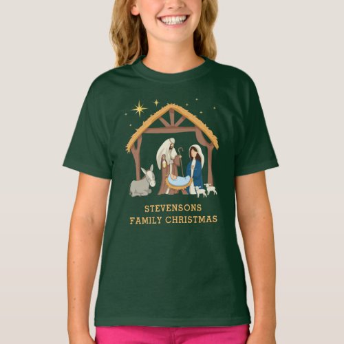 Personalize Family Christmas Baby in a Manger T_Shirt