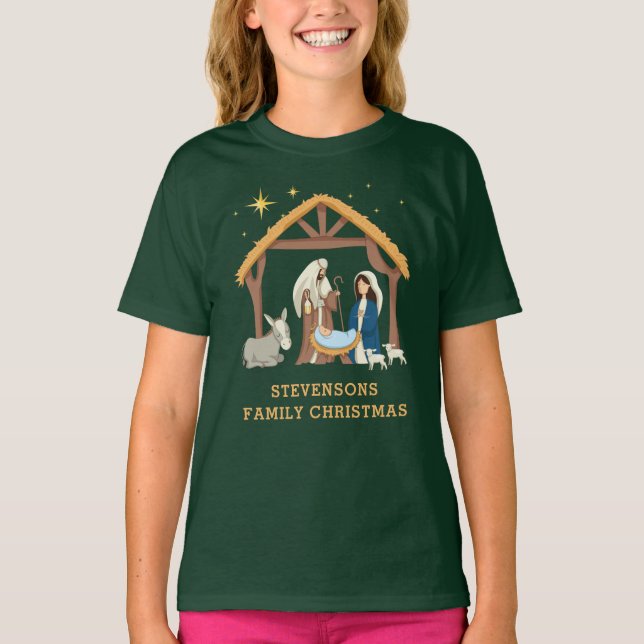 Personalize Family Christmas Baby in a Manger T-Shirt (Front)