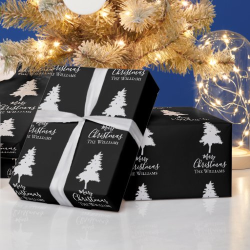 Personalize Family Name | Black White Christmas Wrapping Paper