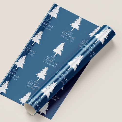 Personalize Family Name Blue Color White Christmas Wrapping Paper
