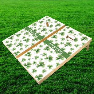 Personalize Family Name Green Shamrock Pattern Cornhole Set