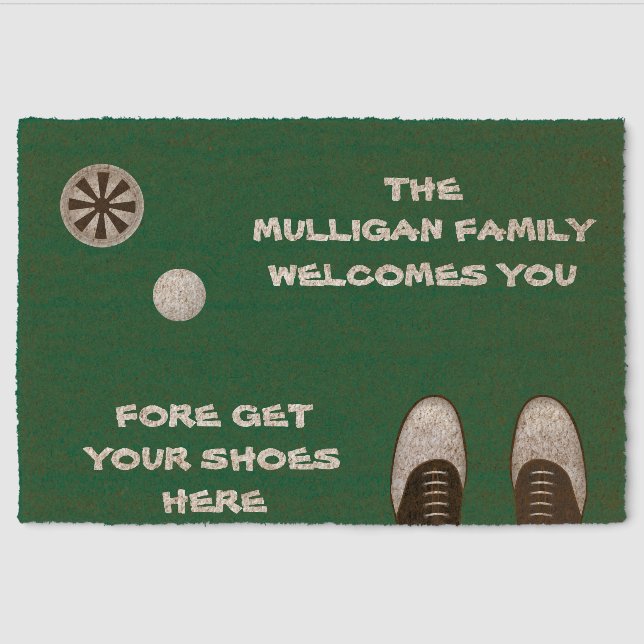 Personalize Family Name Modern Green Golf Fiber Doormat (Front)