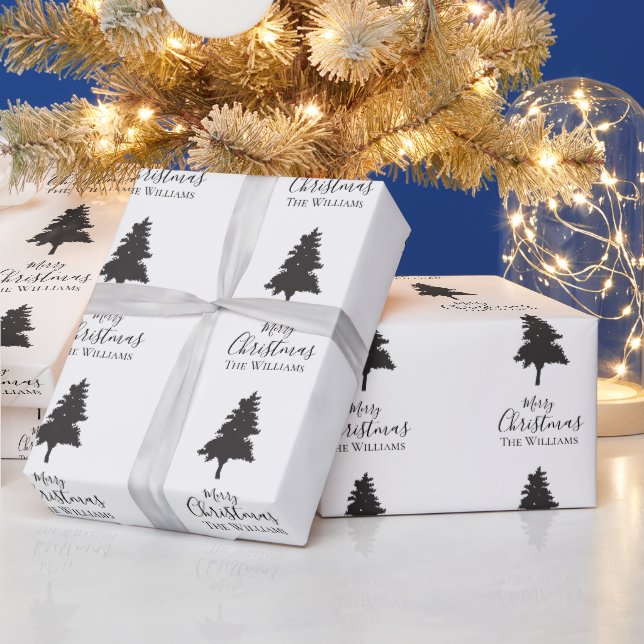 Personalize Family Name White Black Christmas Tree Wrapping Paper (Holidays)