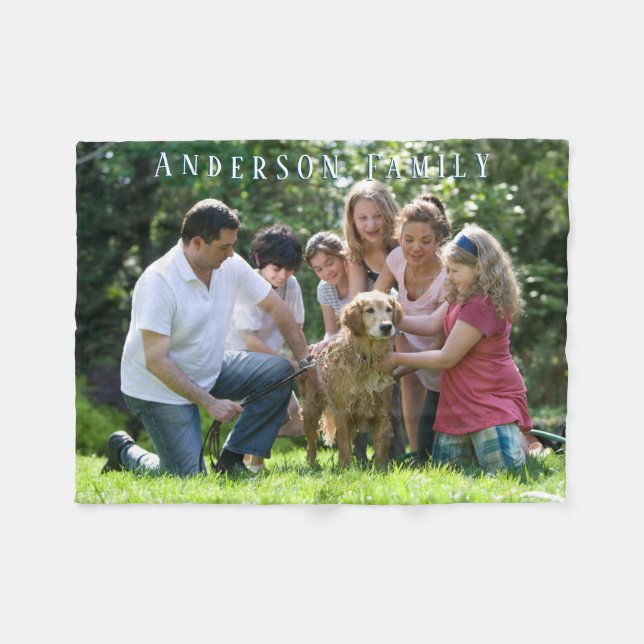 Personalize Family Photo & Name, White Text Fleece Blanket (Front (Horizontal))