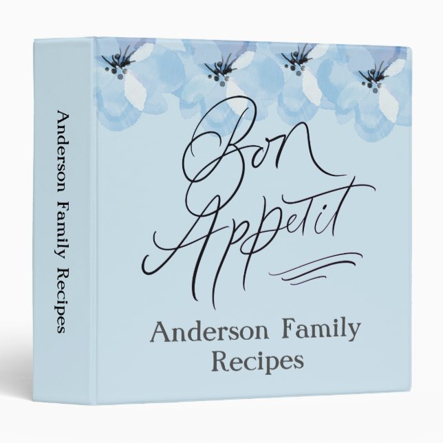 Personalize Family Recipes Bon Appetit Blue Floral 3 Ring Binder (Front/Spine)