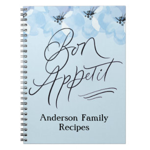 Personalize Family Recipes Bon Appetit Blue Floral Notebook