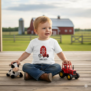 Personalize Farm Barn and Red Tractor Cute Baby T-Shirt