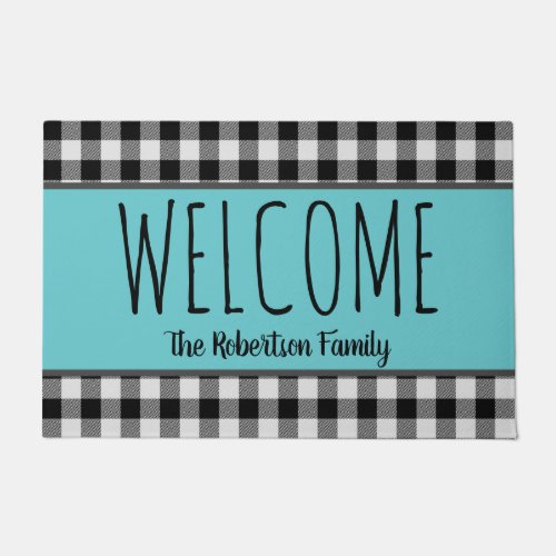 Personalize Farmhouse Black Buffalo check and Teal Doormat