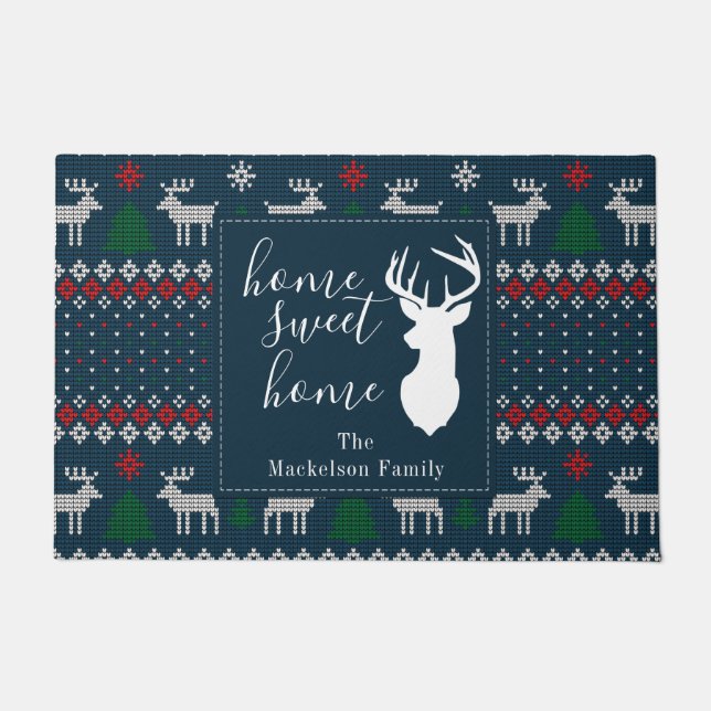 Personalize Faux Knitting Pattern Christmas Family Doormat (Front)