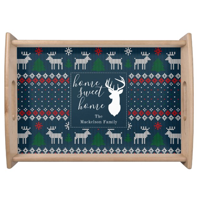 Personalize Faux Knitting Pattern Christmas Family Serving Tray (Front)