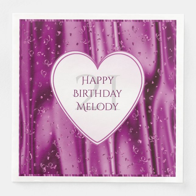 Personalize - Faux Orchid Satin Birthday Heart Paper Dinner Napkins (Front)